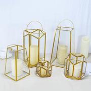 欧式玻璃烛台金色防风创意婚庆浪漫摆件北欧手提装饰品铜梯形灯笼