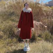 leceaalice红色羊绒，大衣女2023冬季时尚，休闲加厚毛呢外套女