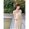 范智乔法式方领蕾丝拼接连衣裙女缎面修身气质高级感印花中长裙