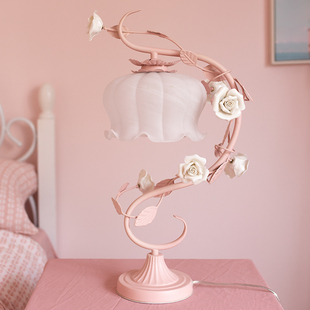 浪漫欧式粉色台灯卧室ins公主粉玫瑰花朵少女心女孩儿童房床头灯