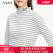 amii女打底衫2024春季上衣，长袖中领黑白条纹，t恤纯棉女士美式