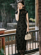 24烂花植绒系带新中式改良褶皱设计旗袍连衣裙高级感黑色旗袍套装