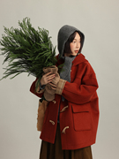 odd maker圣诞红色牛角扣呢大衣外套女日系复古长袖中长保暖外套