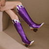 紫色高筒靴宫廷拼色高跟时装靴鳄鱼纹粗跟长筒靴大码44 45 46 47