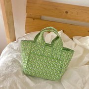 绿色帆布包女2021手提花包手拎包水桶包法式遛弯野餐包便当袋