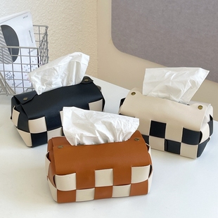 棋盘格纸巾盒北欧风皮质，抽纸盒客厅，餐厅桌面车载餐巾纸收纳抽盒