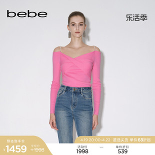 bebe秋冬系列女士修身扭结一字领钻链羊毛打底衫针织衫330503