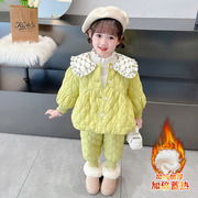 女童棉服套装2023洋气时髦女宝宝加绒加厚冬装儿童保暖两件套