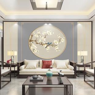 新中式自带边框墙纸古典花鸟壁画客厅沙发电视，背景墙壁布定制
