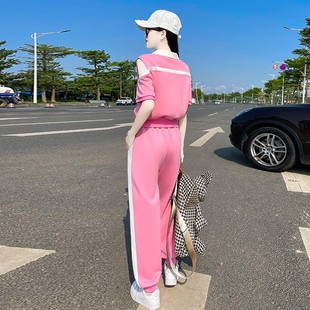 粉色短袖运动套装女2024夏季薄款洋气时尚露肩上衣减龄两件套