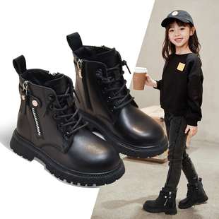 女童马丁靴2024年秋冬季黑色，加绒短靴儿童，潮酷靴子女孩皮靴潮