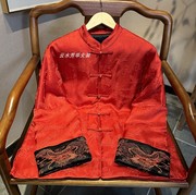 呈祥芳华设计新中式复古红色立领棉服中国风，提花长袖拼接棉服