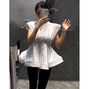 韩版无袖下摆荷叶边衬衫上衣女2023年夏季设计感收腰气质衬衣