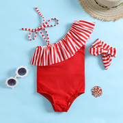 红色条纹纯色高弹性(高弹性，)女童女宝宝，连体游泳衣休闲活泼温泉泳装