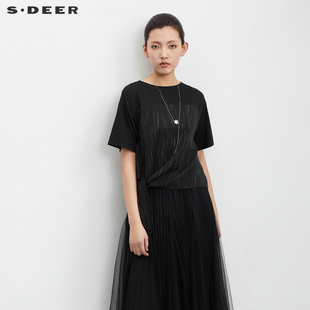sdeer圣迪奥夏装女装圆领，雪纺印花拼接黑色，t恤s23260102