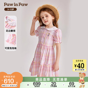 PawinPaw卡通小熊童装2024年夏季女童泡泡袖格纹连衣裙可爱