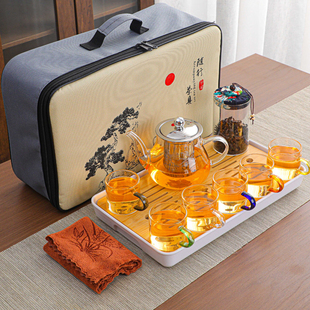 便携式旅行耐高温玻璃，功夫茶具家用茶盘，套装户外茶具车载茶壶