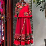 中国风女装春秋丽江云南服装，女民族风，棉麻两件套红色舞蹈套装裙子