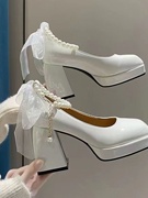 旗袍鞋玛丽珍高跟鞋女法式可爱小皮鞋珍珠，白色外穿粗跟单鞋