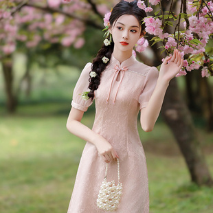 MZ旗袍2024新中式盘扣气质显瘦粉色清新立领短袖改良小个子连衣裙