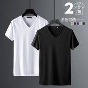 2件纯色V领短袖t恤男士白色低领打底衫半袖v字领体恤衫夏季1/2件