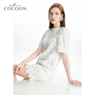 misscocoon法式白色水溶蕾丝连衣裙，女夏2024短袖，宽松中长裙子