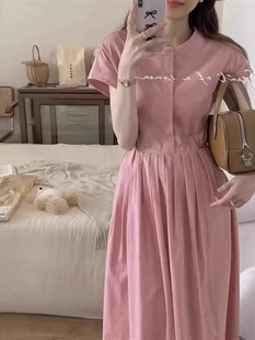 欧洲站2024茶歇法式赫本风长裙高级感洋气粉色衬衫连衣裙女夏