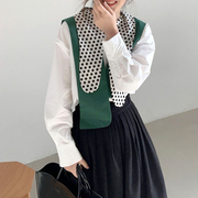 韩国chic小众波点不规则翻领拼接长袖衬衫+高腰压褶半身裙套装女