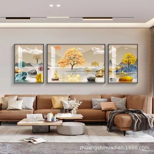 电视背景墙2024壁画装饰画现代沙发挂画简约墙画三联晶瓷画
