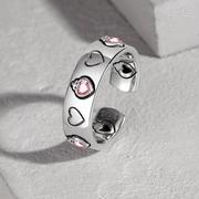 粉镶钻爱心s925银戒指，轻奢潮牌高级新潮可调泰银戒小众设计礼物