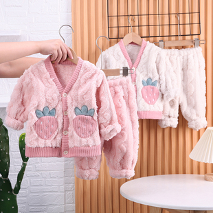 女宝宝冬装家居服1周岁，一6七8八9九11十个月婴儿睡衣分体加绒套装