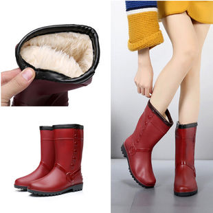 焦点奇饰时尚雨鞋女加绒时尚冬季中筒雨靴防滑防水仿皮工