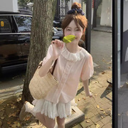 韩系娃娃领蕾丝花边上衣短袖百搭洋气衬衫夏季女装小个子减龄衬衣