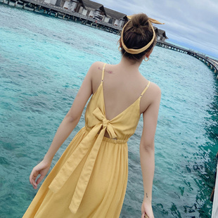 小个子连衣裙复古黄色海滩，裙中长款沙滩，裙2019超仙海边度假女