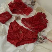5件88折 森日和叶大红色本命年纯棉裆内裤女性感蕾丝缎面女三角裤
