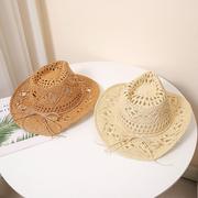 夏季防晒镂空遮阳帽草编帽，锥形爵士礼帽英伦，风草帽沙滩度假帽子女