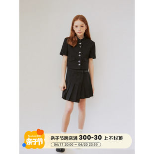 mpeng女童2023新中式立领西装，短袖黑色套装不规则短裙半裙夏