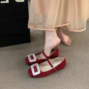 法式平底水钻单鞋仙女鞋子，2024春秋冬气质高级感红色玛丽珍鞋