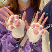 猫爪手套手工毛线编织半指diy材料，包成品(包成品)可爱送女友保暖冬季礼物