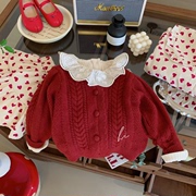 韩国童装女童针织衫外套秋季女宝宝保暖红色儿童圆领开衫毛衣