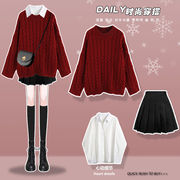 穿搭毛衣女圣诞2023三件套冬季衬衫整套红色慵懒风女一半身裙
