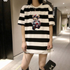 韩版女装欧货潮黑白条纹t恤中长款上衣女遮屁股洋气短袖体恤衫潮
