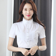 2020夏季立领白色蕾丝衫韩版打底衫女短袖，衬衫显瘦雪纺上衣