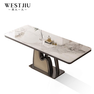 餐桌椅组合轻奢现代高端家用饭桌一桌四椅长方形亮光岩板吃饭桌子