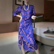 中国风桑蚕丝真丝提花，缎面改良旗袍裙，设计感高端气质中长款连衣裙