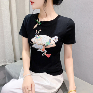 中国风复古印花T恤女短袖夏季欧货重工烫钻上衣修身百搭体恤小衫