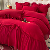简约全棉结婚四件套，大红色备婚床单被套，纯棉公主婚庆床上用品婚房