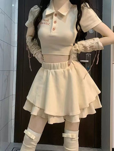 夏季高级感设计芭蕾风公主米粉蝴蝶结polo领短上衣短裙两件套