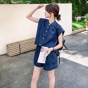蓝色薄款盐系牛仔套装女小个子2023韩版无袖衬衫裙短裤两件套