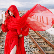 大红色丝巾防晒沙滩巾披肩围巾薄款纱巾女夏季沙漠跳舞蹈青海旅游